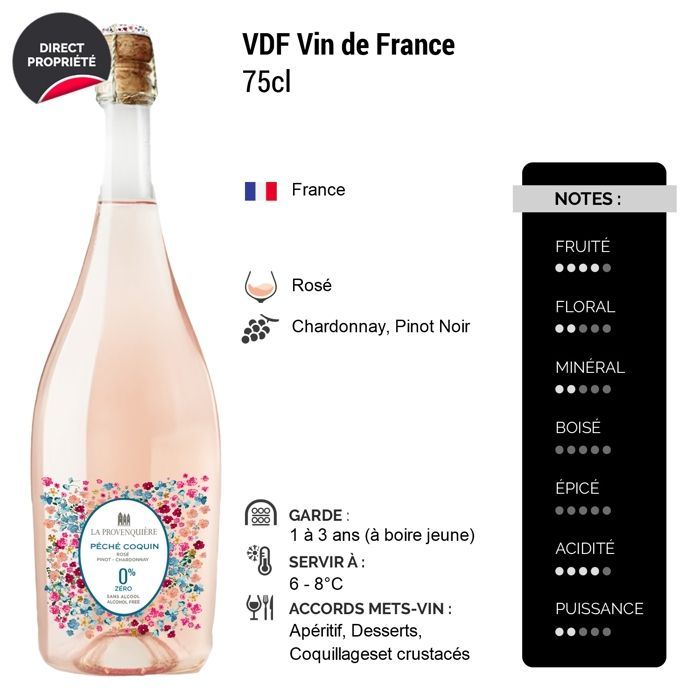 La Provenquière Péché Coquin Pinot - Chardonnay 0% Alkoholfrei - Vin de France - Roséwein (6x75cl) HVE Alkoholfrei