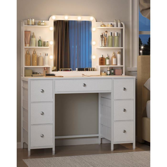 Coiffeuse avec Éclairage LED,Coiffeuse avec Grand Miroir HD,7 Tiroirs et 6 Étagères de Rangement,Dressing de Chambre,Moderne,Blanc