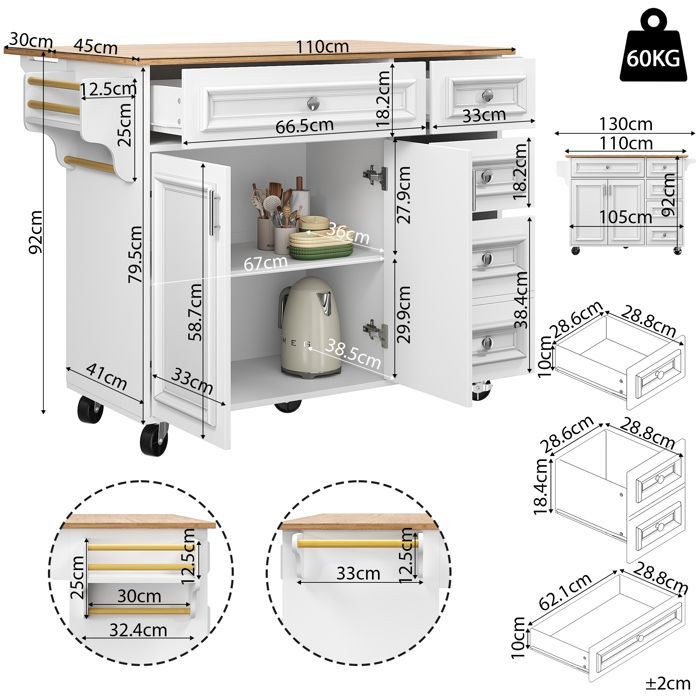 Îlot de cuisine - GENERIQUE - Buffet roulant extensible - 3 étagères réglables - Tiroirs & étagères latérales - MDF/métal 60 kg