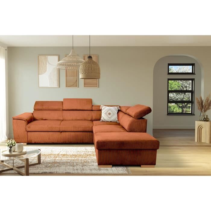 Sofá-cama de canto reversível - 5 lugares - DAYTONA - Tecido de veludo terracota - Compartimento de arrumação - L260 x A94 x P216 cm