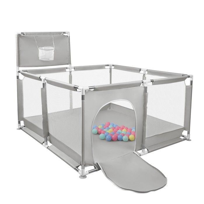 Box per bambini - XUANYU - Box per bambini - Box grande con barriere + supporto per pallone da basket + 50 palline - 126*126*66 cm - Grigio chiaro