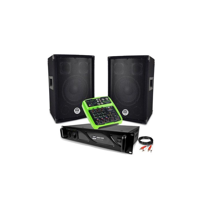 Sistema de som PA completo: 2 caixas acústicas BMS08, amplificador BMS1000 de 1000W e mesa de mixagem mini4.