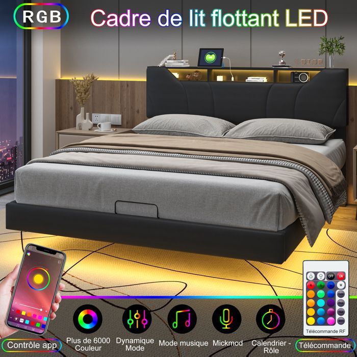 Lit Double 160x200 - LED - Sommier Renforcé - Coffre de Rangement - Design Moderne