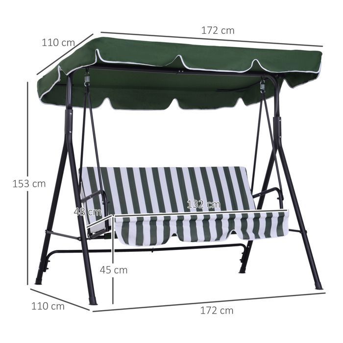 Columpio de jardín Outsunny - 3 plazas - toldo con inclinación ajustable - cojines para asiento y respaldo - 172 x 110 x 153 cm - verde