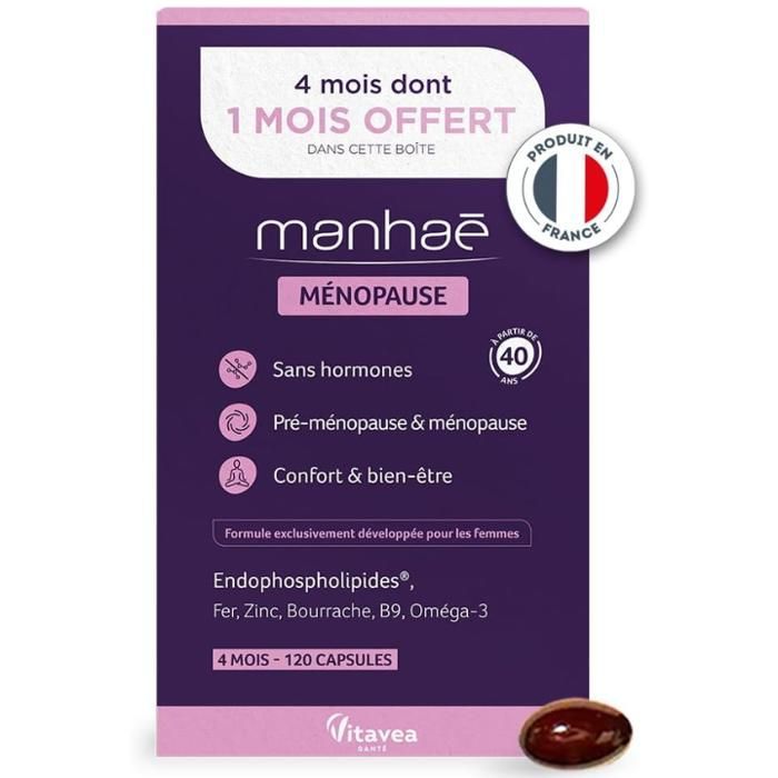 Vitavea Manhaé - Complemento alimenticio sin hormonas para la menopausia/premenopausia - Confort y bienestar - 120 cápsulas - Tratamiento de 4 meses