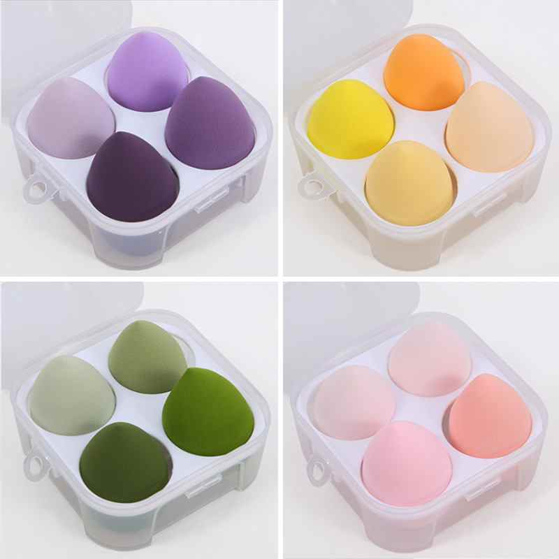 Conjunto de 4 esponjas de maquiagem em formato de ovo, com formato de gota d'água e cores vibrantes. Pode ser usado seco ou molhado.