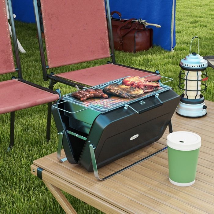 Mini houtskoolbarbecue - Outsunny - draagbaar, opvouwbaar - met draagtas - voor tuin, camping - 47 x 30 x 28 cm - zwart