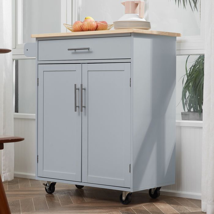 Carrito de cocina con ruedas, carrito de servicio, isla de cocina con cajón y toallero - gris