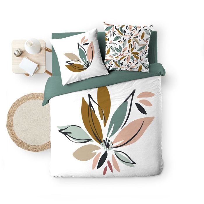 Housse de couette 240 x 220 cm OCTAVIA - 100% coton 42 fils + 2 taies - motif floral vert réversible