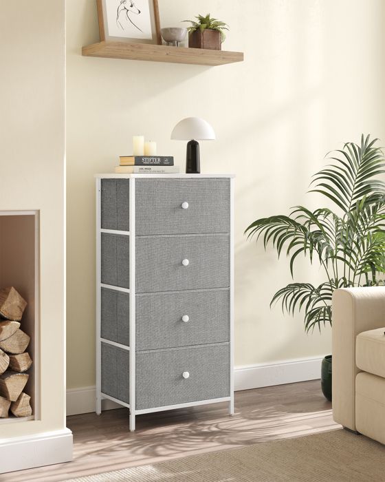 Cómoda de dormitorio de tela con 4 cajones, columna de almacenamiento, estructura metálica, gris claro y blanco.