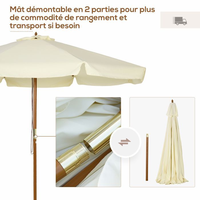 Rechte parasol - tuinparasol - Outsunny - groot rond formaat - bamboehout - Ø 3 m - beige