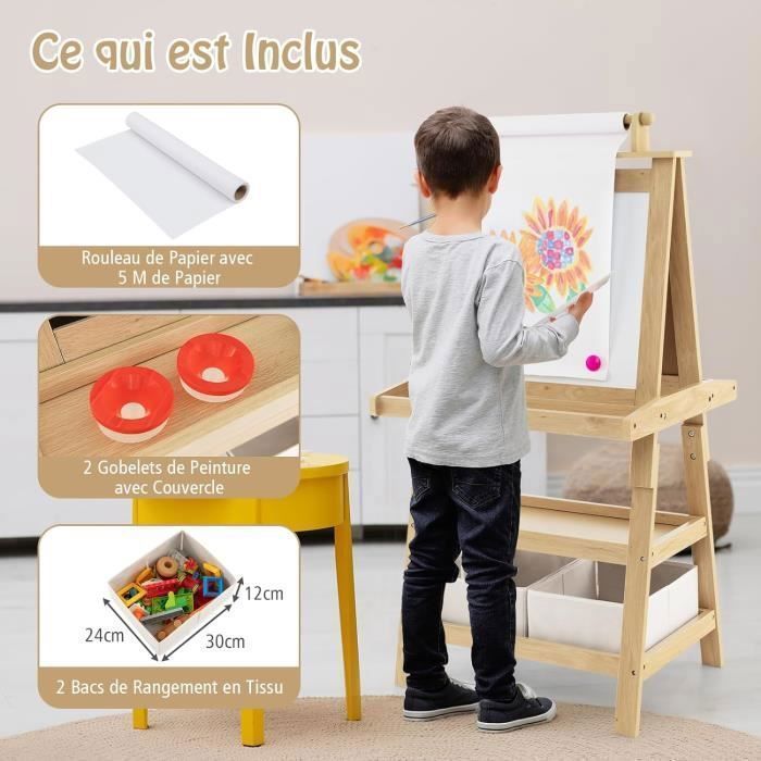 Caballete infantil COSTWAY (magnético, blanco y negro), rollo de papel (papel incluido), 3 estantes y 2 cajas de almacenamiento de materiales naturales.