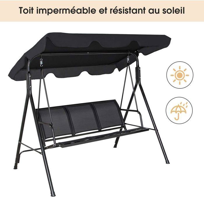 GOPLUS Balancelle de Jardin 3 Places 170x120x153CM,avec Auvent Réglable,Swing de Jardin Tissu en Textilène/Cadre en Acier,Noir