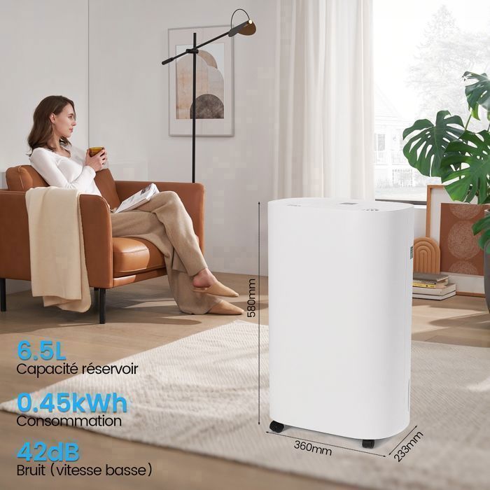 Déshumidificateur d'Air Électrique 30L/Jour - 50m² - 450W - Réservoir 6.5L, Déshumidification/Séchage/Ventilation, Salon/Cave, Blanc