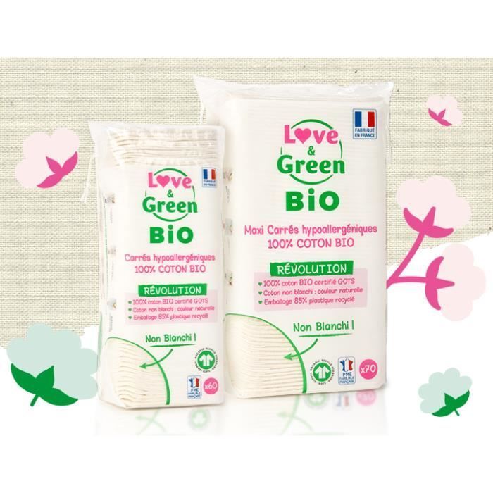 LOVE & GREEN Maxi dischetti di cotone ipoallergenici - 100% cotone biologico non sbiancato - 70 dischetti di cotone