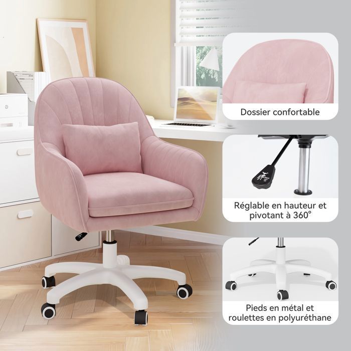 BatonY Office Chair with Armrests, Ergonomic Chair with Lumbar Support, Swivel Office Chair, Height Adjustable, Pink