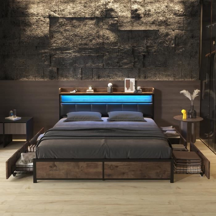 Letto - PERGAR - 180x200 cm - Imbottito con LED - 4 cassetti - Nero