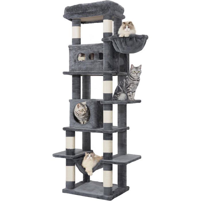 170cm Large Cat Tree, Cat Tower for Indoor Cats, with Large Perch, Washable Mat, 2 Cat Caves, Dark Grey