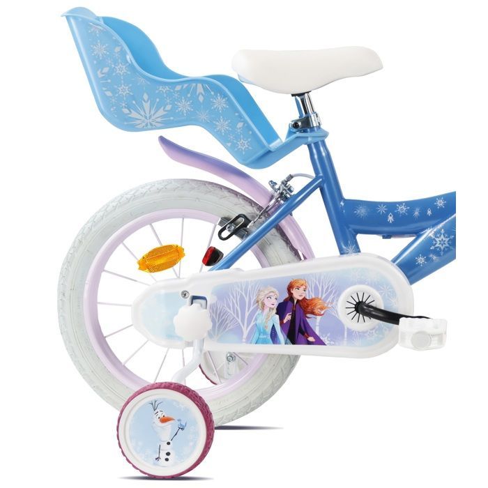 14-Zoll-Mädchenfahrrad „Die Eiskönigin“ (3–5 Jahre) – Blau – Ausgestattet mit 2 Bremsen, Puppenträger und Frontkorb