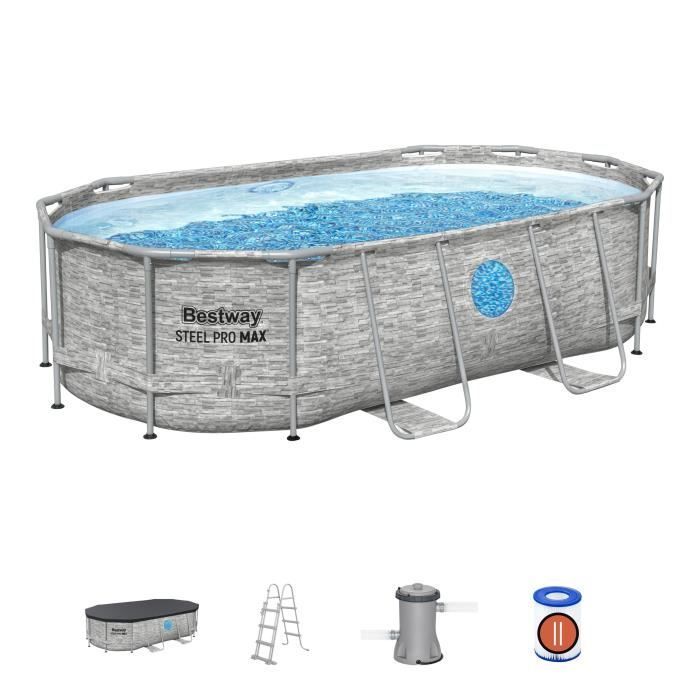 Kit Piscine hors sol tubulaire BESTWAY - Steel Pro MAX™- 427 x 250 x 100 cm - Ovale (Filtre à cartouche, échelle, bâche, 1 cartouche