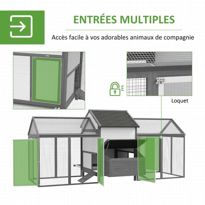 Poulailler en bois - PawHut - 2 enclos modulables niche abritée pondoir tiroir déjection perchoir rampe - 247x118x113cm - gris