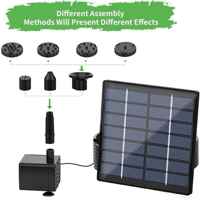Solar fountain for pond, solar pump - Improved DIY fountain kit with 6 nozzles, 3m power cable