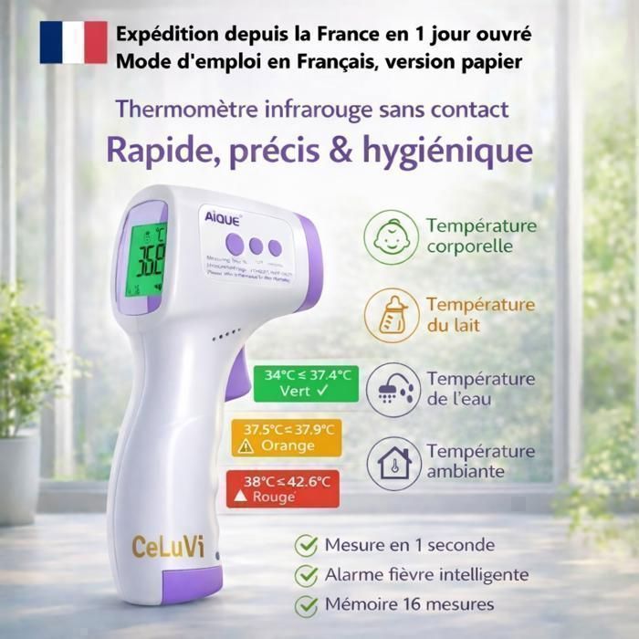 Schnelles und präzises Stirnthermometer für Babys und Erwachsene – CeLuVi – mit farbcodiertem Fieberalarm, LCD-Bildschirm und Verlaufsanzeige