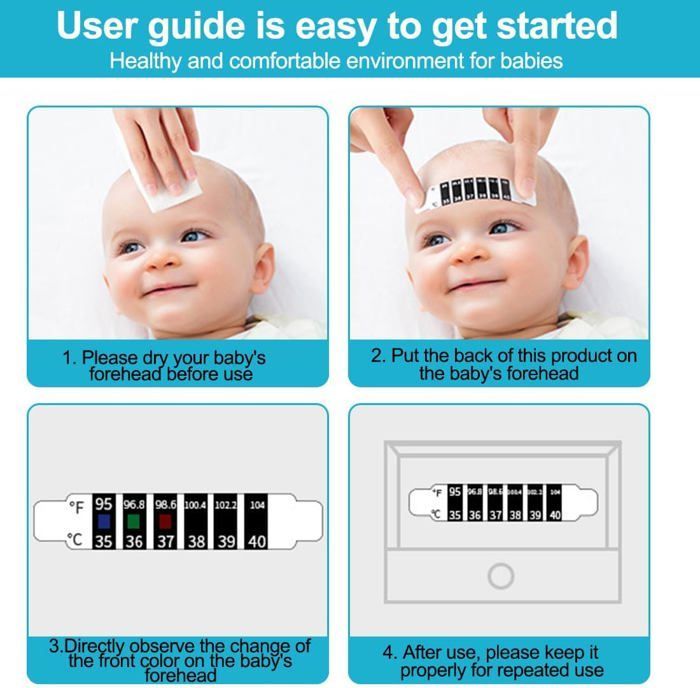 10 tiras termométricas fiables para la frente, adhesivos portátiles reutilizables para controlar la temperatura, termómetro para bebés.