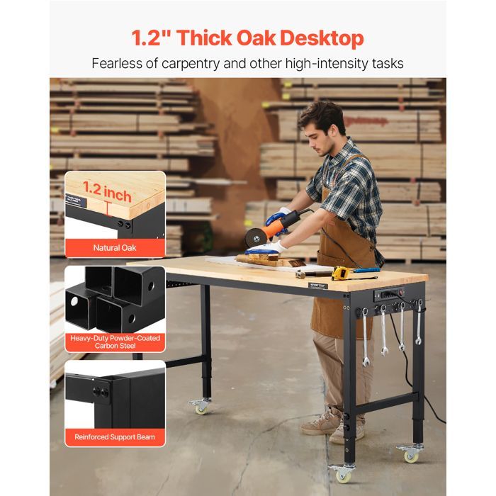 Banco de trabajo VEVOR de 1524 mm, mesa de trabajo para taller/garaje con ruedas y altura ajustable - Capacidad de carga de 907,2 kg - para oficina
