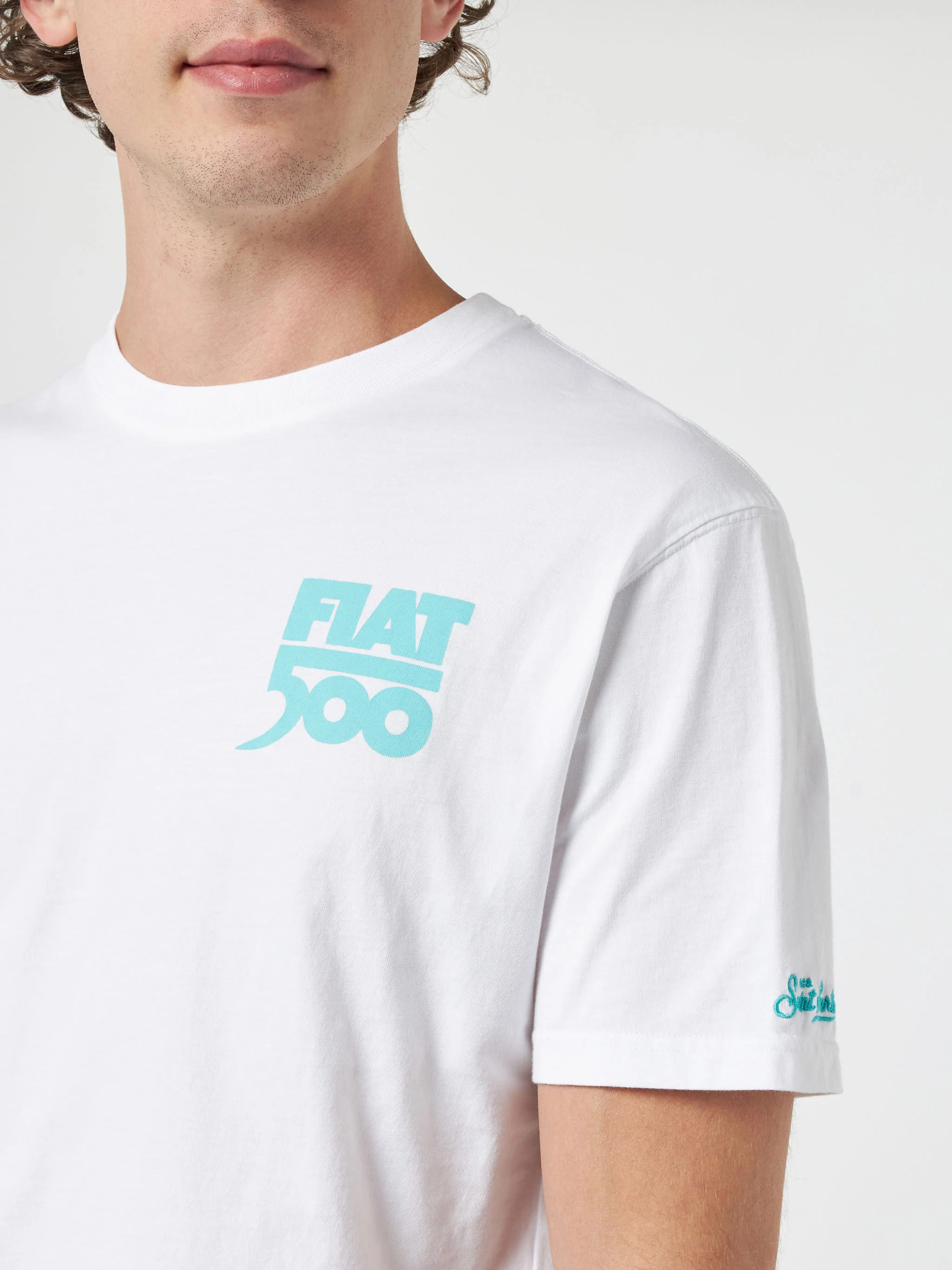Heren katoenen T-shirt met Spiaggina-print op de voor- en achterkant.