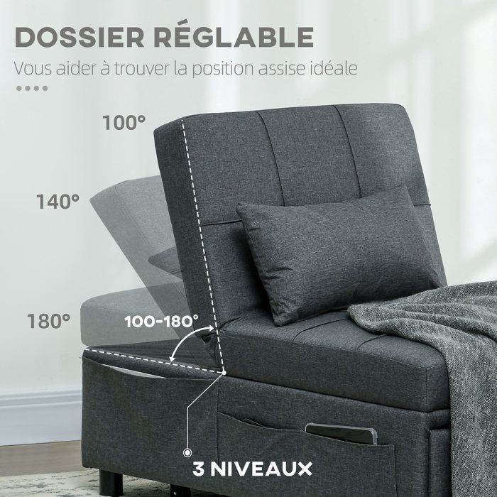 Sillón convertible de 1 plaza - HOMCOM - respaldo ajustable, asiento acolchado y almohada - para salón, dormitorio, despacho, gris