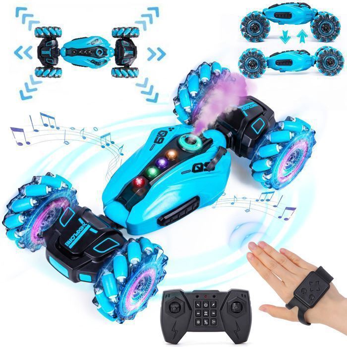 Coche todoterreno controlado por gestos: rotación de 360° con pulverizador, luces LED y música. Juguete para niños de 6 a 12 años.