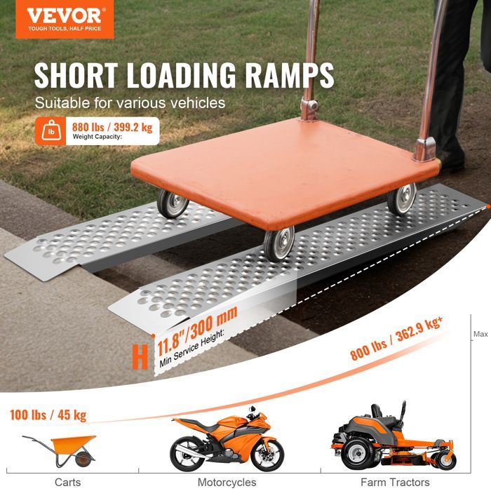 Rampas de aluminio VEVOR - 1200 x 215 x 42 mm - Capacidad de carga 399,2 kg - Para motocicletas todoterreno, remolques, quads, UTVs y tractores de jardín