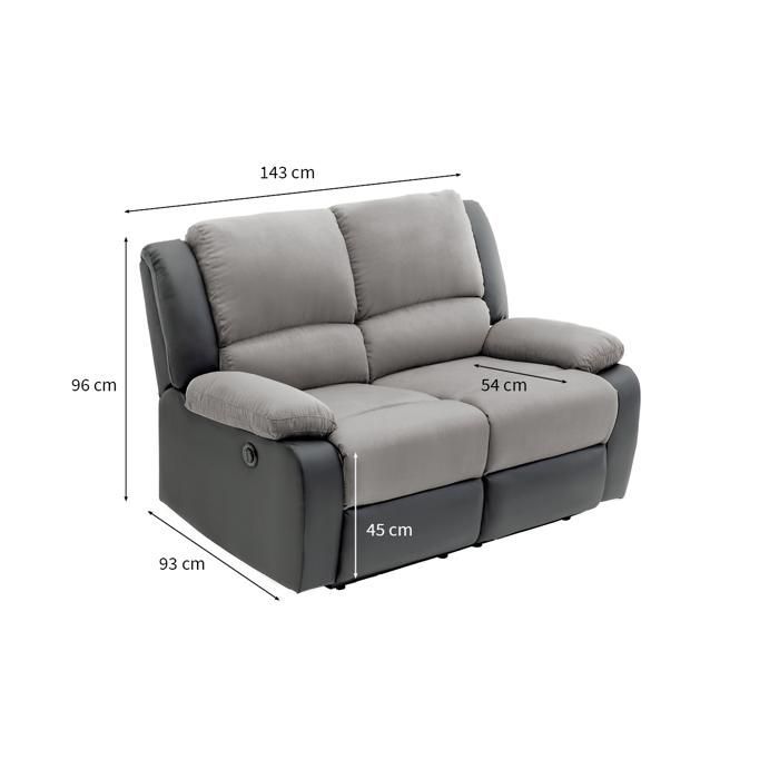Canapé de Relaxation électrique 2 places Microfibre et Simili LEO - Blanc et gris - L143 x 93 x 96cm - LOUNGITUDE