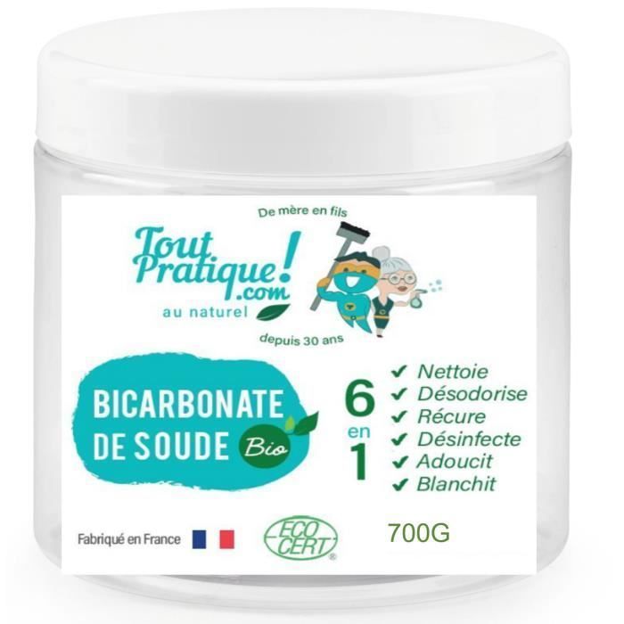 Bicarbonato de sodio orgánico - Limpia teteras, desodoriza telas - Tarro reutilizable de 700 g - Calidad superior - Natural - Francés