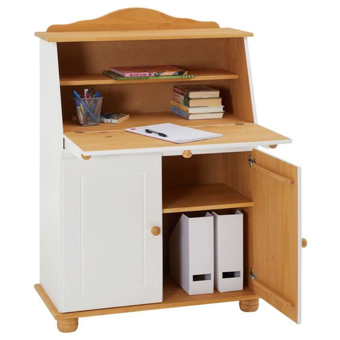 Bureau secrétaire DAVID avec abattant rangement plusieurs étagères 2 portes plan de travail rabattable, en pin massif blanc et brun