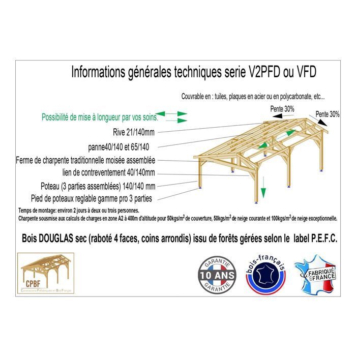 Carport Bois Douglas Français 25 m² – 2 pentes faitage décalé – 6 poteaux – Abri  extérieur véhicules – Garantie 10 ans