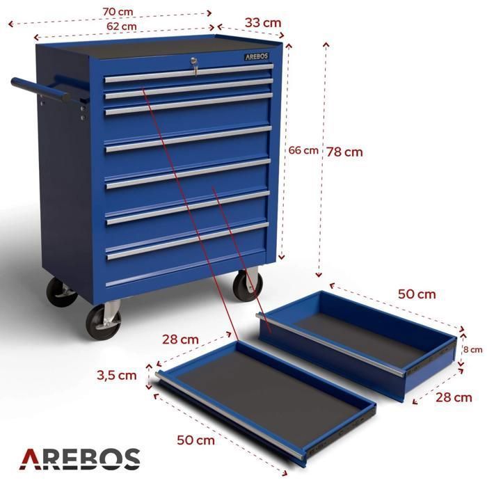 AREBOS Chariot à outils 7 tiroirs, robuste, sécurisé, avec roulettes pivotantes et grande capacité de rangement.