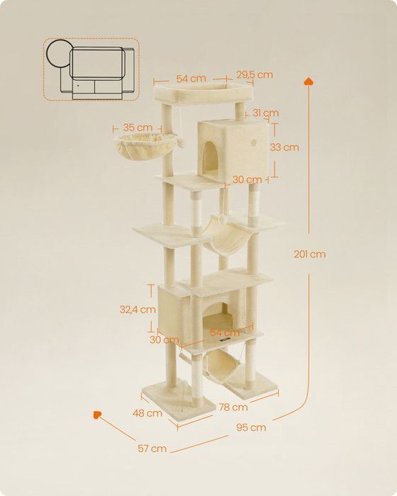 Arbre à Chat 201 cm, Taille XXL, Multi-Niveaux, 1 Plateforme, 1 Panier, 2 Niches, 2 Hamacs, Dispositif Anti-Basculement, Beige