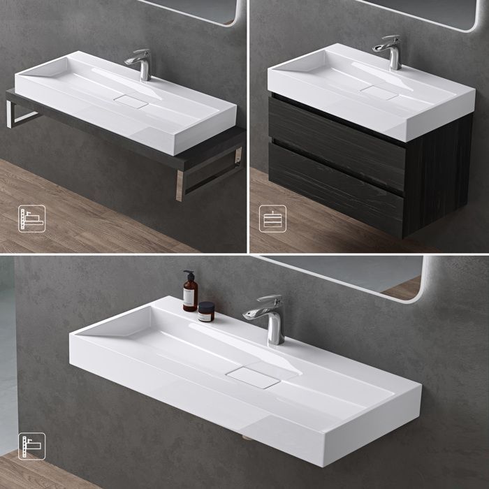 Lavabo mural Doporro con desagüe, lavabo de encimera blanco, 70x46x11cm, lavabo rectangular con orificio para taladrar, Colossum19