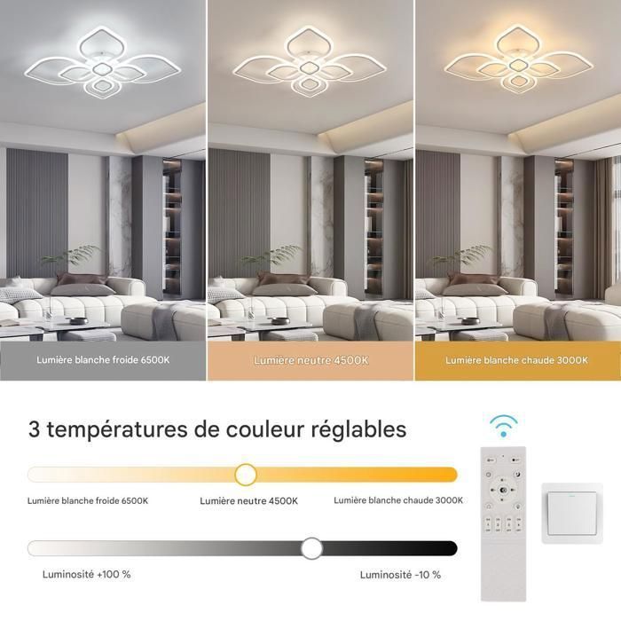 DORLINK Plafonnier LED 120W - Design Moderne 8 Têtes avec Télécommande - Dimmable 3000K-6500K - Blanc - Pour Salon Chambre Cuisine
