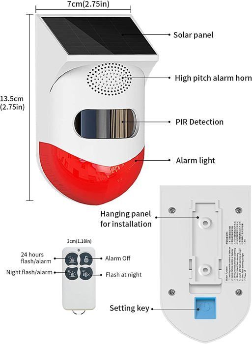 Alarma estroboscópica - Alimentación solar - 120 dB - Detector de movimiento - Resistencia al agua IP67 - 4 modos
