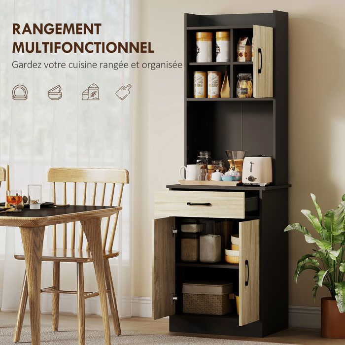 Hoog keukendressoir - HOMCOM - lade, 3 deuren, planken, werkblad - spaanplaat - 60x40x180cm - naturel hout