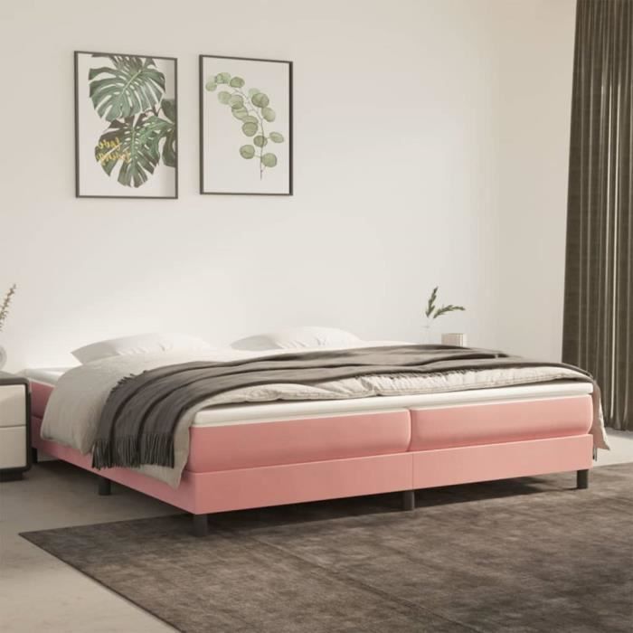 Base letto imbottita - AKOZON - 200x200 cm - Velluto rosa - A molle - 2 posti