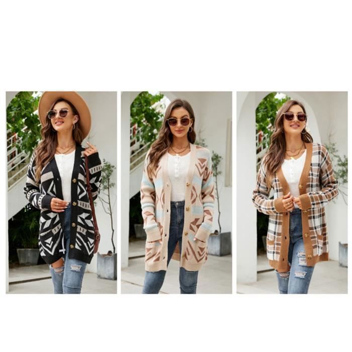 Pull Femme Géométrique Longue Relaxed Fit Manches Longues Veste Femme - Abricot - INSFITY - Col V - Femme