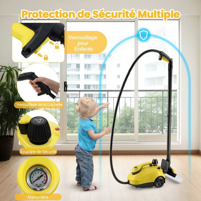 Limpiador a vapor COSTWAY de 2000 W para chinches, 5 BAR-19 accesorios, depósito de 1,8 L, rueda universal, 160 ℃, 35 min de autonomía, amarillo