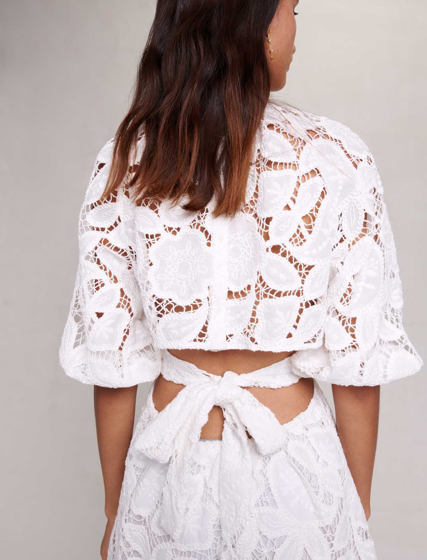 Rochie scurtă din bumbac cu broderie - Alb