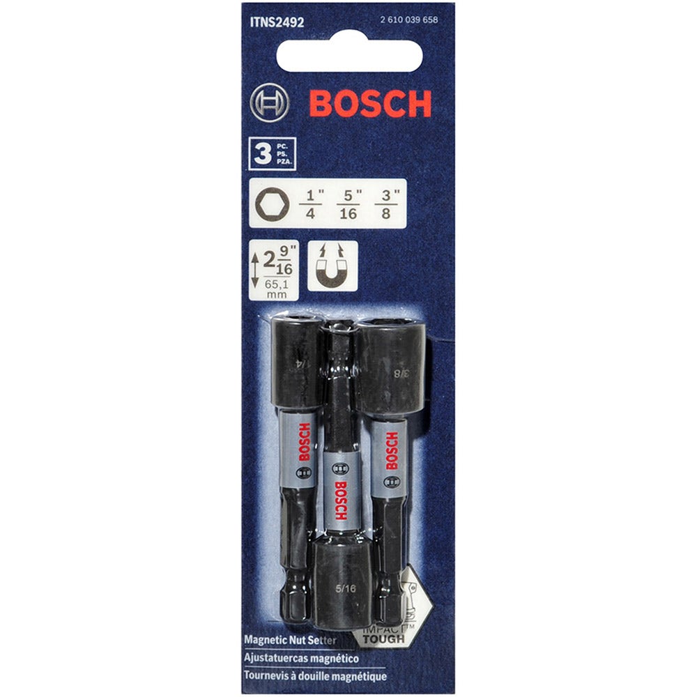 Jogo de Soquetes Magnéticos BOSCH de 1/4 a 3/8 polegadas x 65 mm – Resistente a Impactos – Pacote com 3 unidades