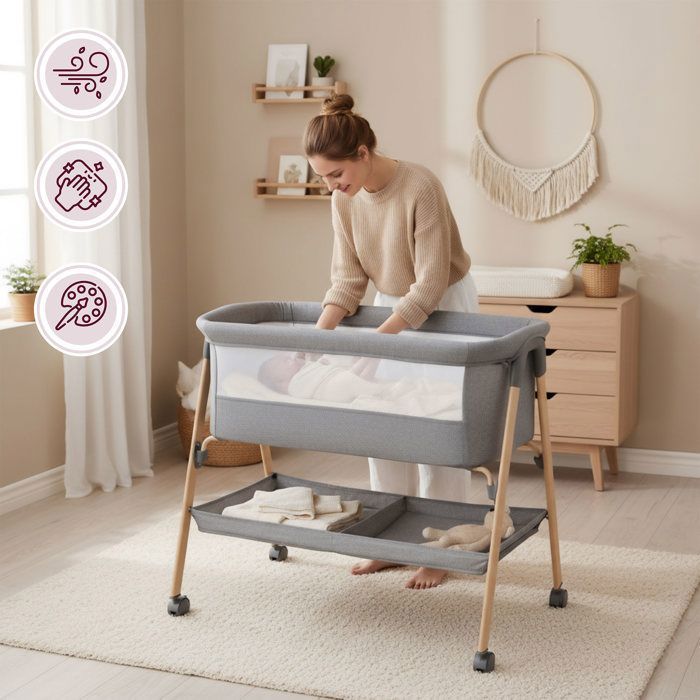 Freestanding Co-Sleeping Baby Cot with Mattress - MobySystem - Crib 0-6 Months, Foldable Travel Bed, Breathable Mesh, Wheels with Brake