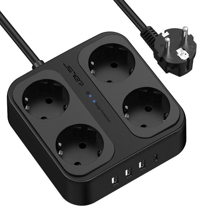 Regleta protectora contra sobretensiones USB de 4 tomas con 3 puertos USB-A + 1 puerto USB-C y cargador (5V 3.4A)